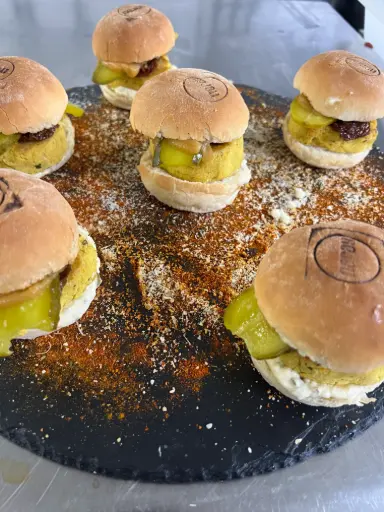 [APC065] Hamburguesa de lentejas rojas, pepino holandés, tomate seco y salsa tartara XS